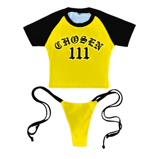 Rhinestone Baby Tee Bikini - Yellow & Black