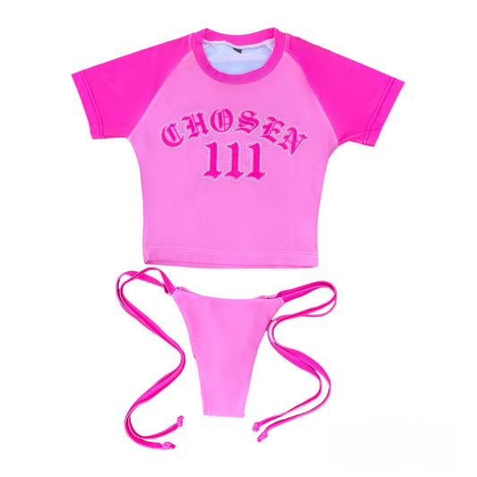 Rhinestone Baby Tee Bikini - Pink