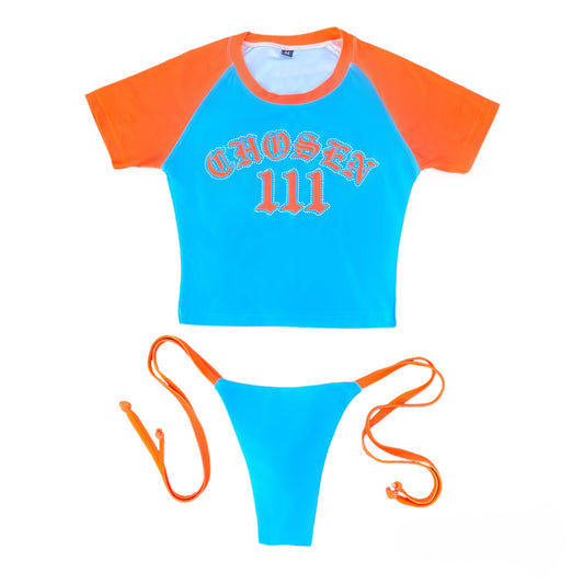 Rhinestone Baby Tee Bikini - Blue & Orange