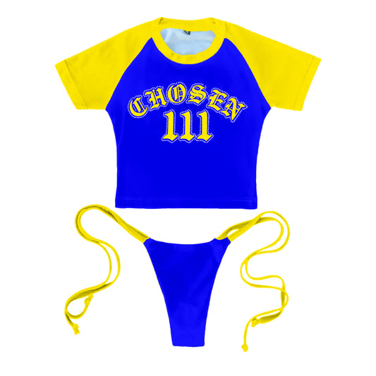 Rhinestone Baby Tee Bikini - Royal Blue & Yellow